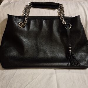 Danier Black Leather Shoulder Bag with Silver Chain Handles
